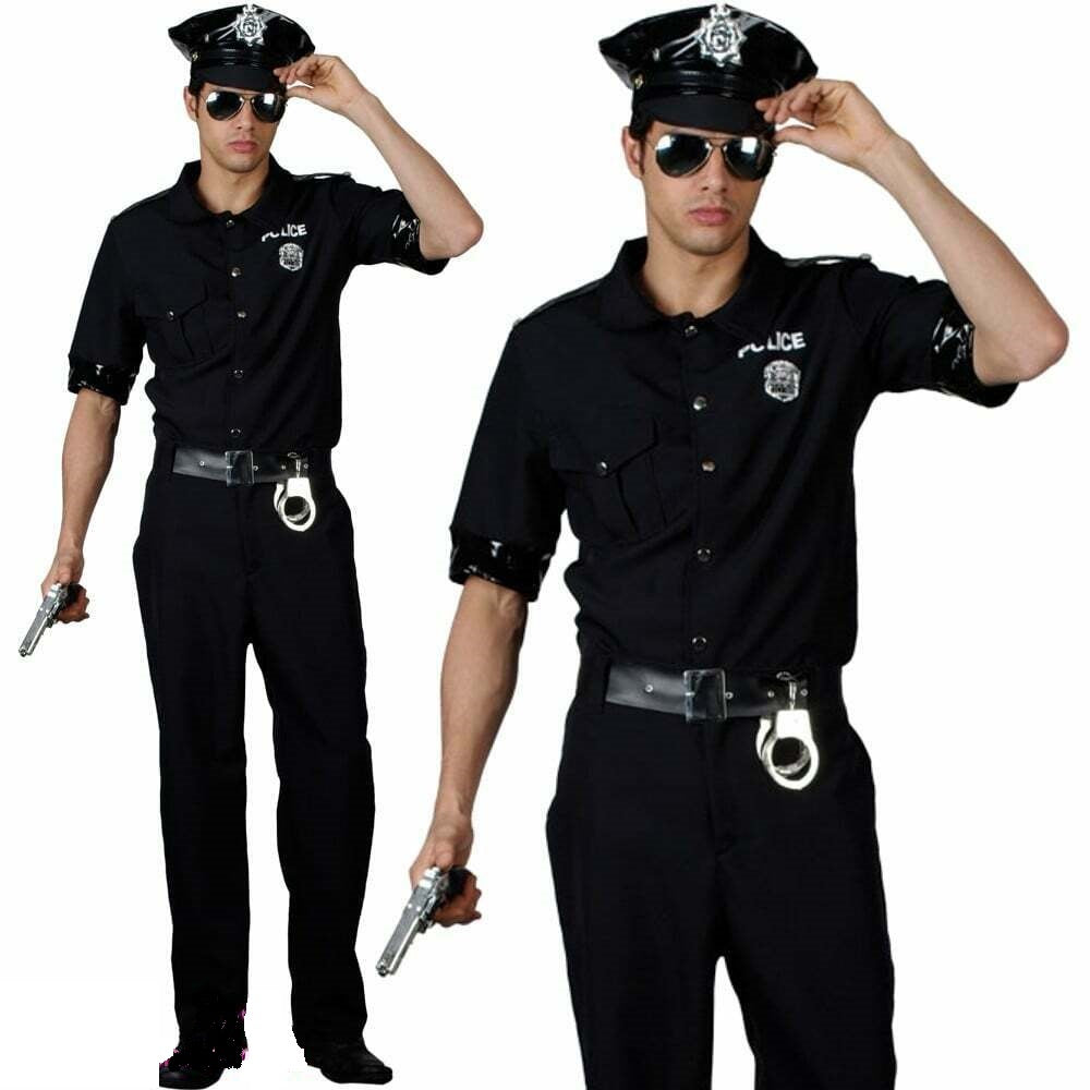 Mens Police Officer Costume Adults Policeman Fancy Dress Uniform + Hat