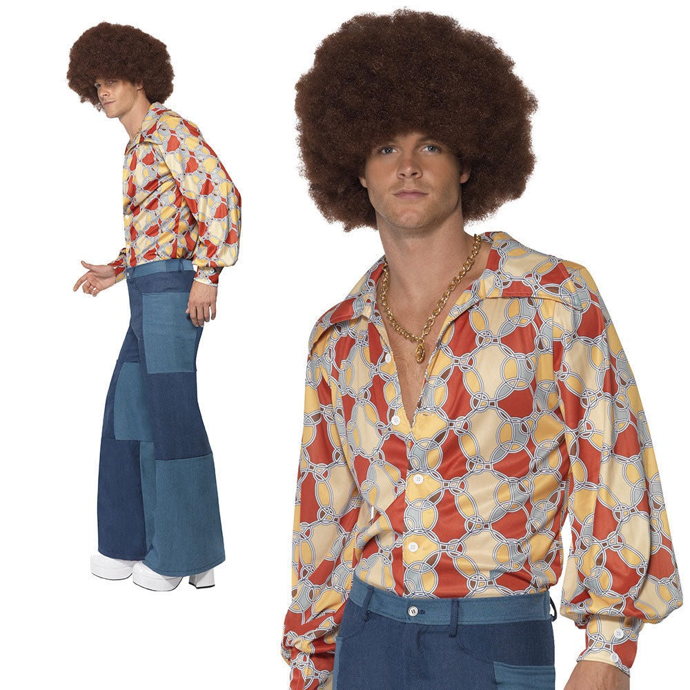 Adult 70s Mens Patchwork Trousers Only Denim Flared Disco Fancy Dress Outfit M L