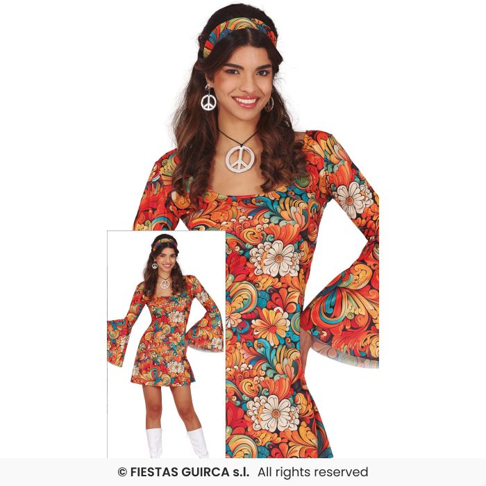 Orange 70s Dress Disco Retro Shift Dress Adults Fancy Dress Costume Ladies UK 8-18