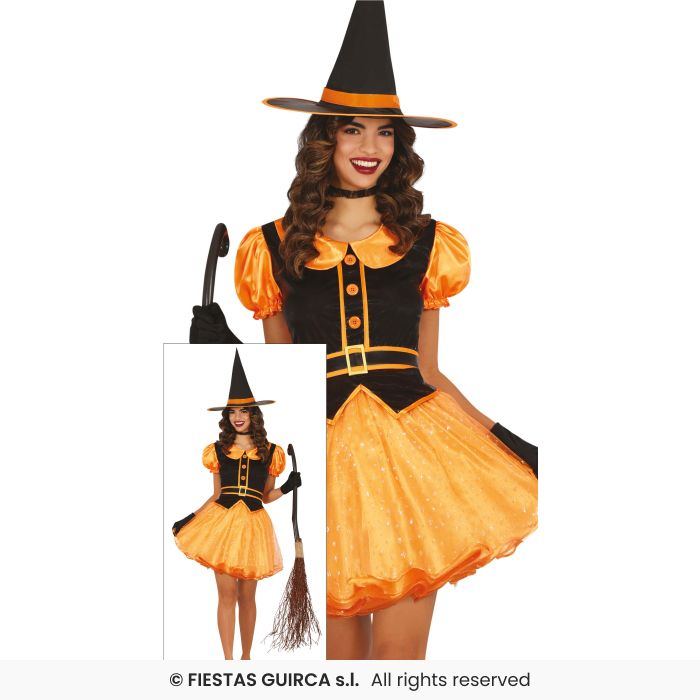Orange Witch Costume Ladies Halloween Witches Fancy Dress Outfit UK 8-16