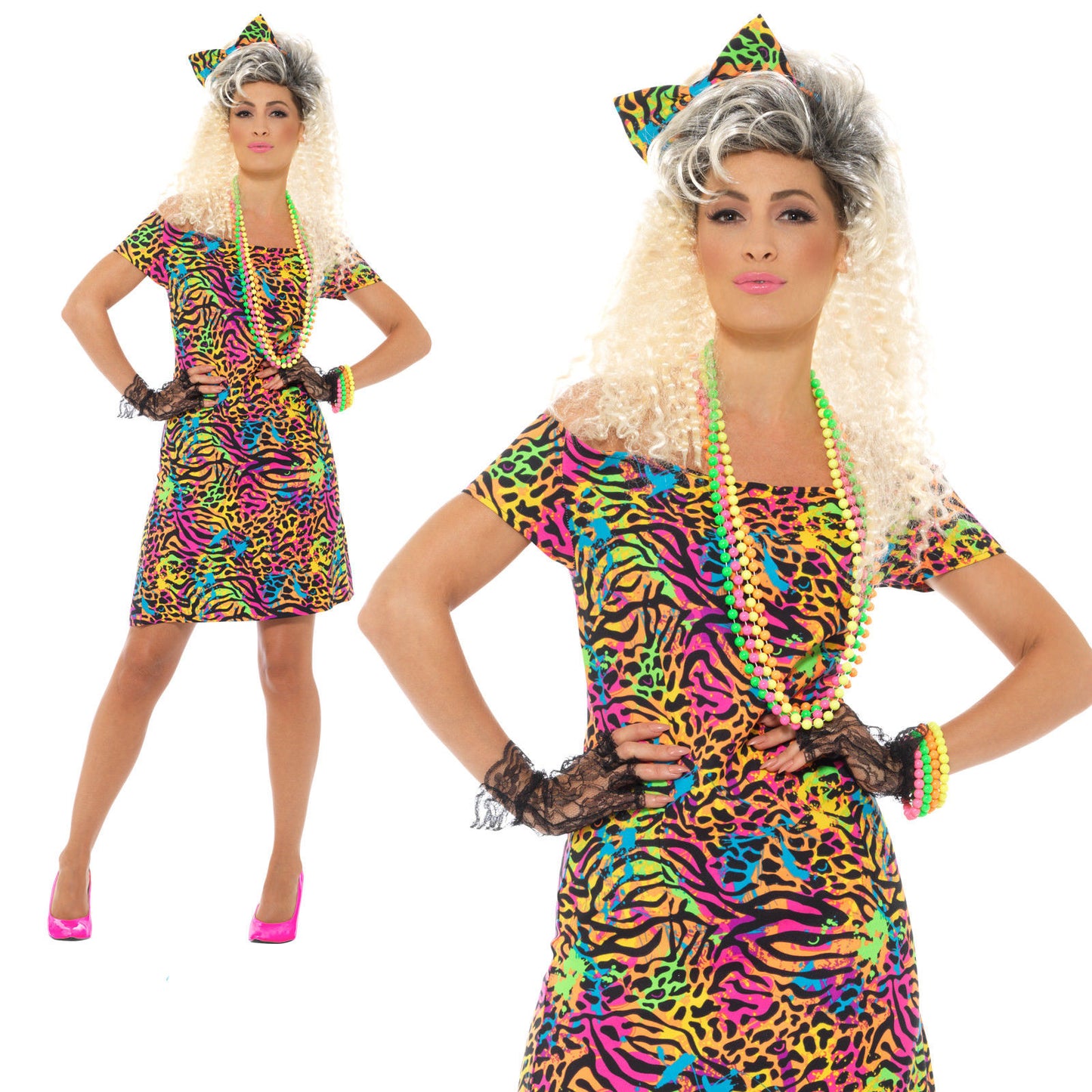 80s Fancy Dress Party Animal Ladies Costume Neon Rave Eighties Womens Outfit