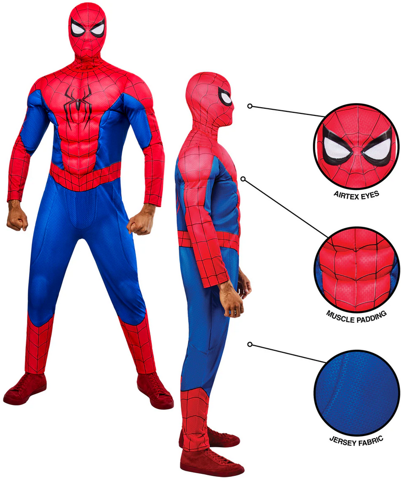 Deluxe Mens Spiderman Costume Official Superhero Spider-Man Fancy Dress Mens Outfit