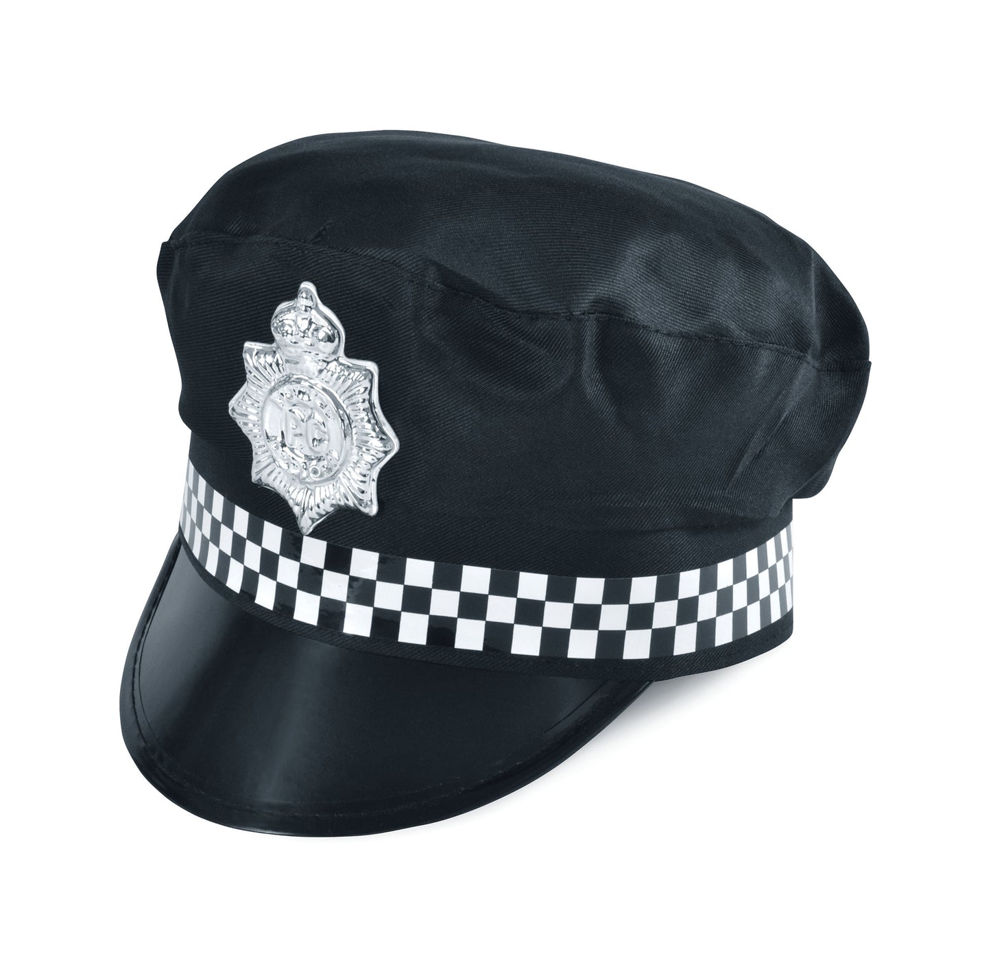 Adults Black Police Panda Cop Hat Chequered Band & Badge Fancy Dress Costume
