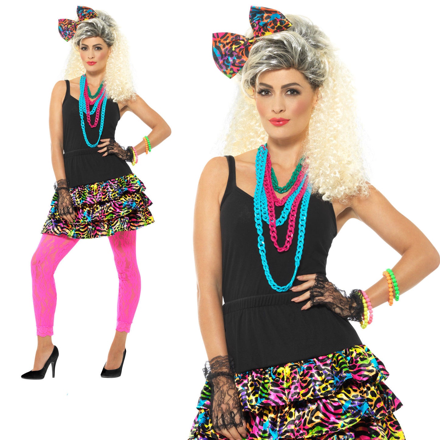 80's Party Girl Skirt Headpiece Necklace Groovy Fancy Dress Kit New S-L