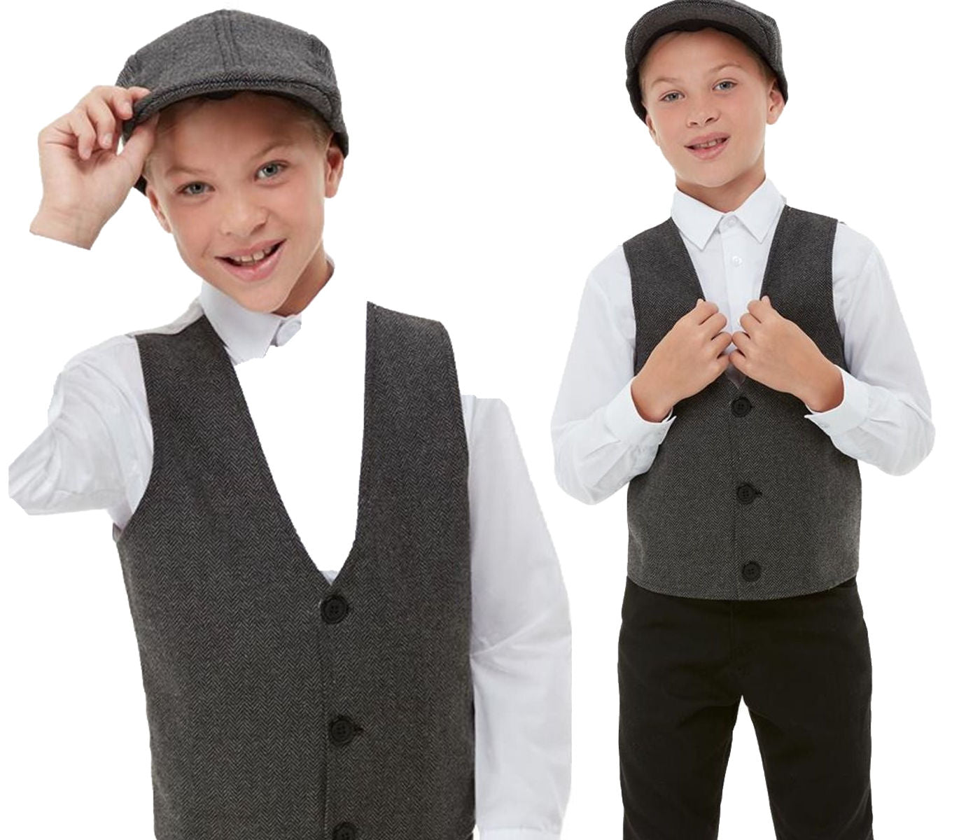 1920s Gangster Boy Flat Cap & Waistcoat Peaky Blinders Fancy Dress Outfit