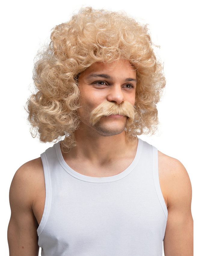 Blonde Perm Wig With Moustache Adults Retro 70s Disco Fancy Dress Wig & Tash Set
