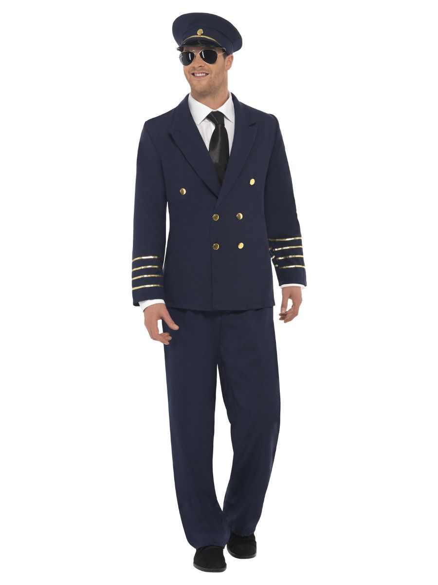 Navy Blue Airline Pilot Captain Costume Uniform Hat Mens Fancy Dress Outfit M L