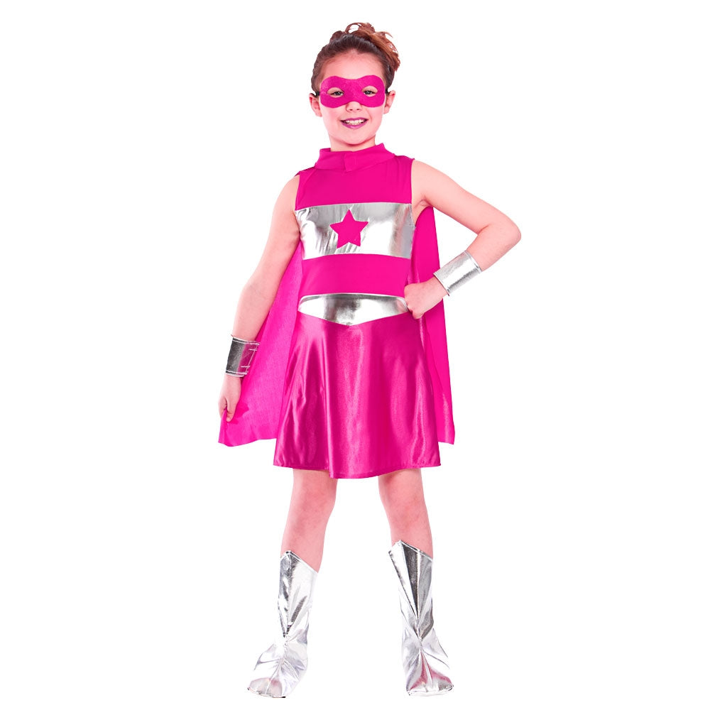 Girls Pink Superhero Costume Fancy Dress Cape Mask Pink Silver Kids Outfit 3-13 Yrs