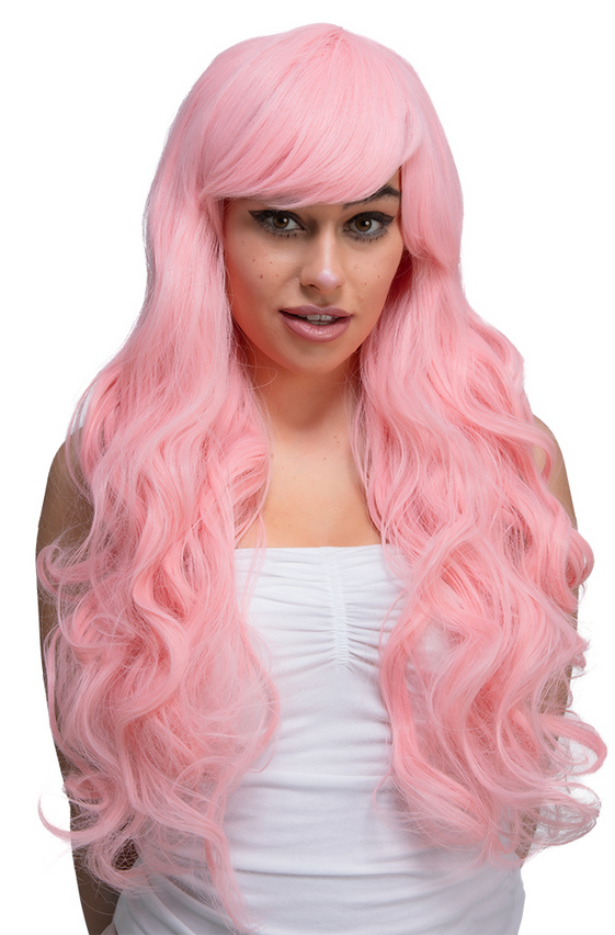 Cosplay Wig Ladies Long Pink Curly Wig With Fringe Fancy Dress Festival Pastel Pink