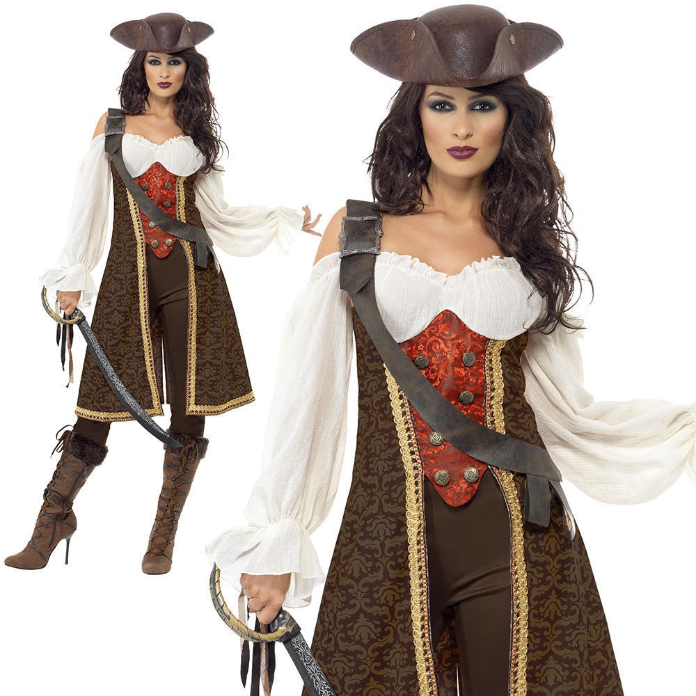 Ladies Pirate Wench Fancy Dress Costume High Seas Caribbean Buccaneer New