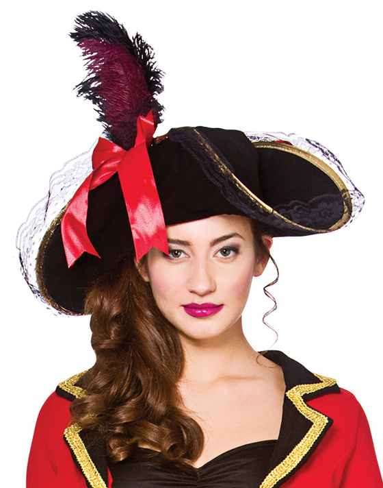 Adult Ladies Black Pirate Captain Hat & Feather Fancy Dress Caribbean New