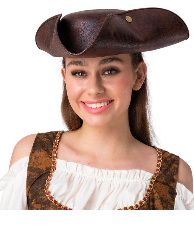 Adult Fancy Dress Mens Deluxe Ancient Look Brown Stud Tricorn Pirate Costume Hat