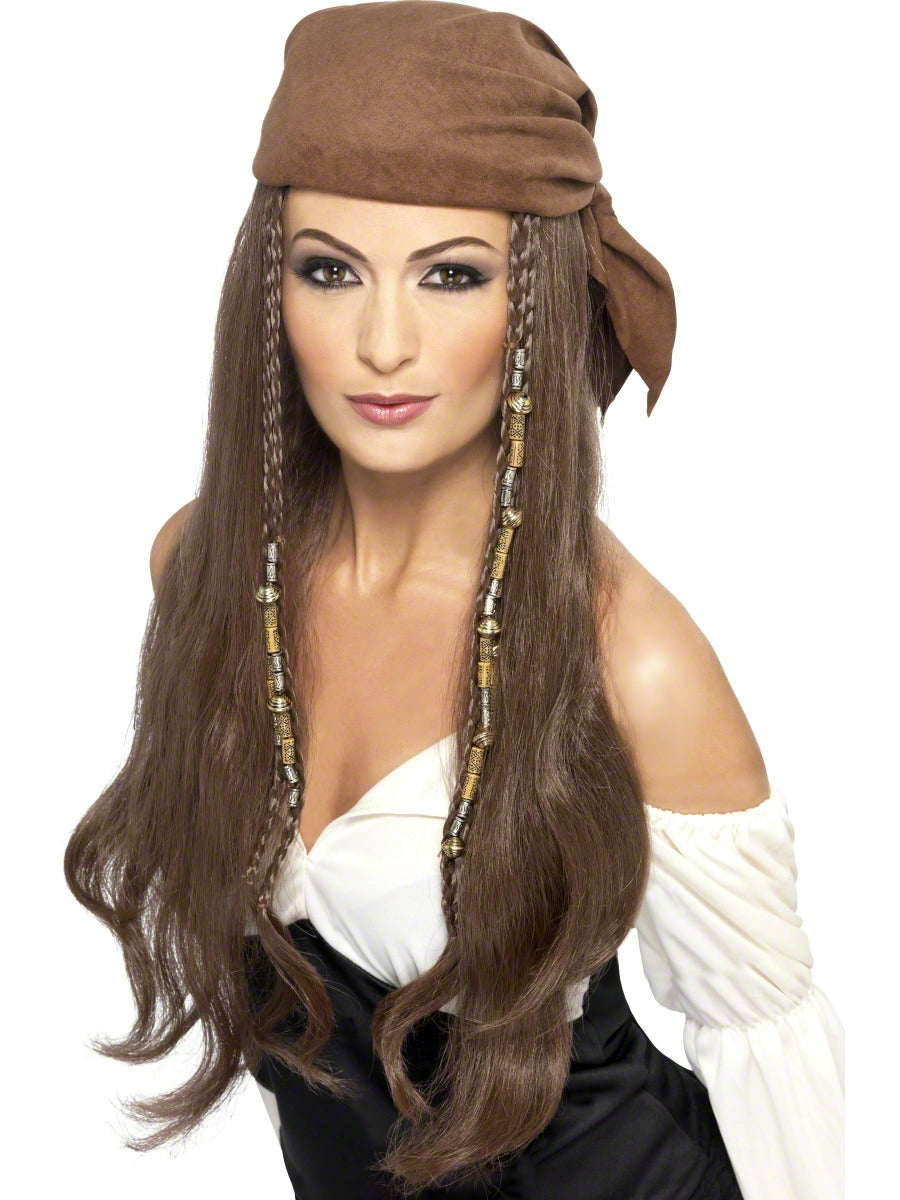 Brown Long Caribbean Pirate Wig + Bandana Adult Fancy Dress