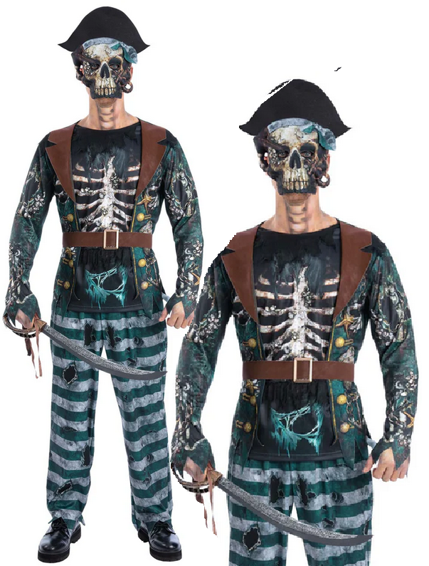 Skeleton Pirate Captain Costume Mens Halloween Fancy Dress Pirates Outfit