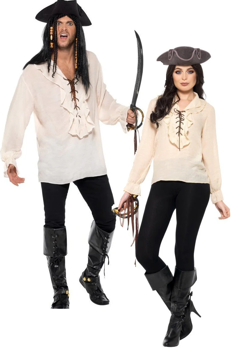 Pirate Shirt Adults Pirates Shirt Lace Up Ivory Fancy Dress Mens Ladies Top