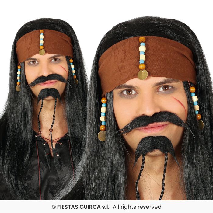 Pirate Wig With Scarf Adults Black Wig Attached Beaded Bandana Fancy Dress