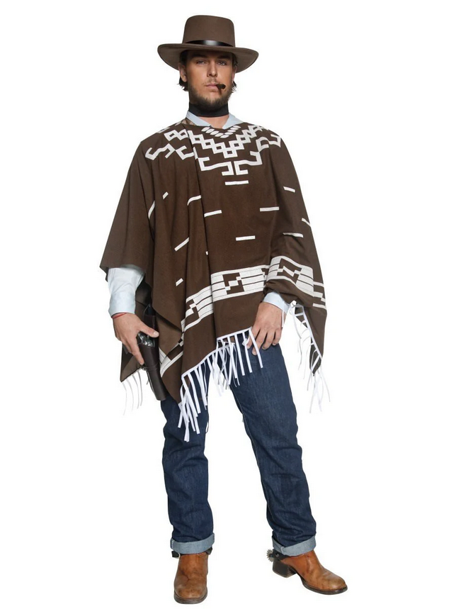Authentic Western Wandering Gunman Costume Cowboy Wild West Poncho Fancy Dress