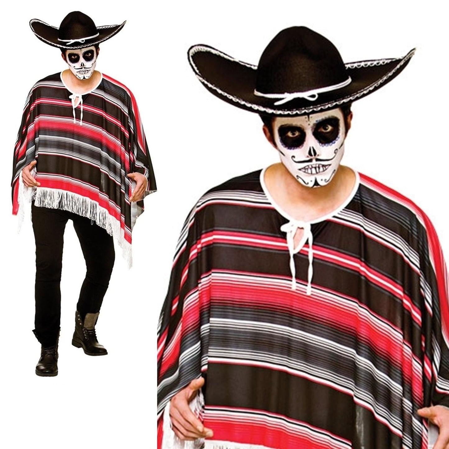 Day Of The Dead Mexican Poncho Wild West Cowboy Fancy Dress Mariachi