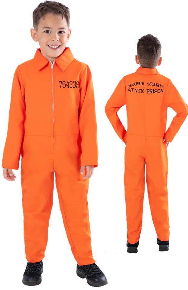 Boys Prisoner Costume Orange Convict Kids Halloween Fancy Dress Boiler Suit Age 4-14