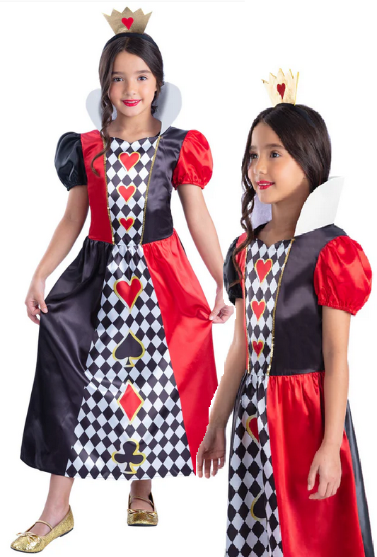 Kids Queen Of Hearts Costume Fairytale Book Day Girls Fancy Dress Ouftit Age 4-12