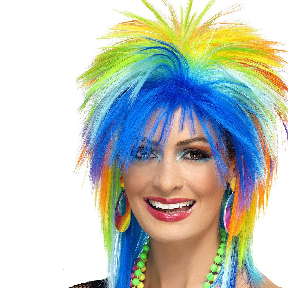 80's Multi Coloured Rainbow Punk Wig 1980s Mullet Fancy Dress Costume Accessory