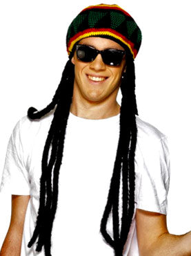 Black Bob Marley Wig Reggae Dreadlocks Hair + Hat Adults Fancy Dress Accessory