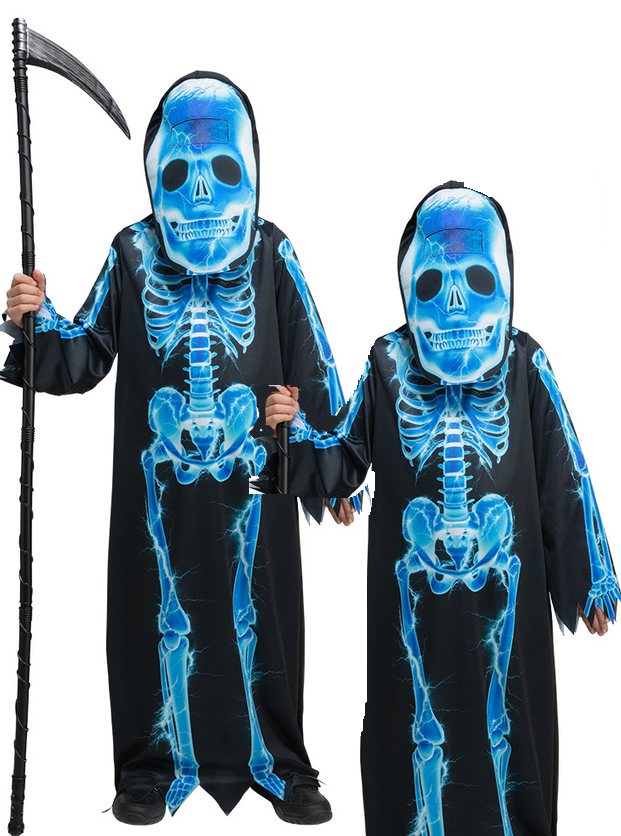 Skeleton Reaper Kids Halloween Blue Grim Reaper Skeleton Neon Fancy Dress
