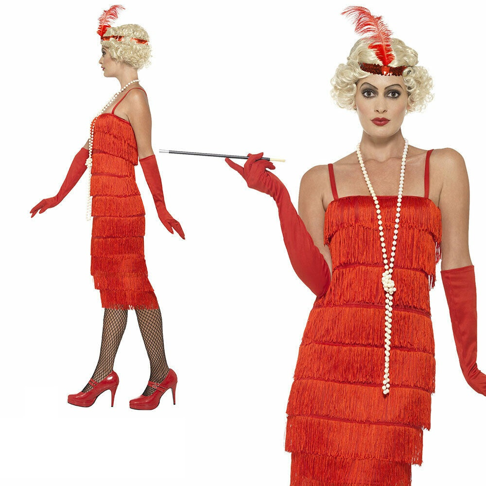 1920s Long Red Flapper Fancy Dress Costume Charelston Outfit Sizes S-XXL