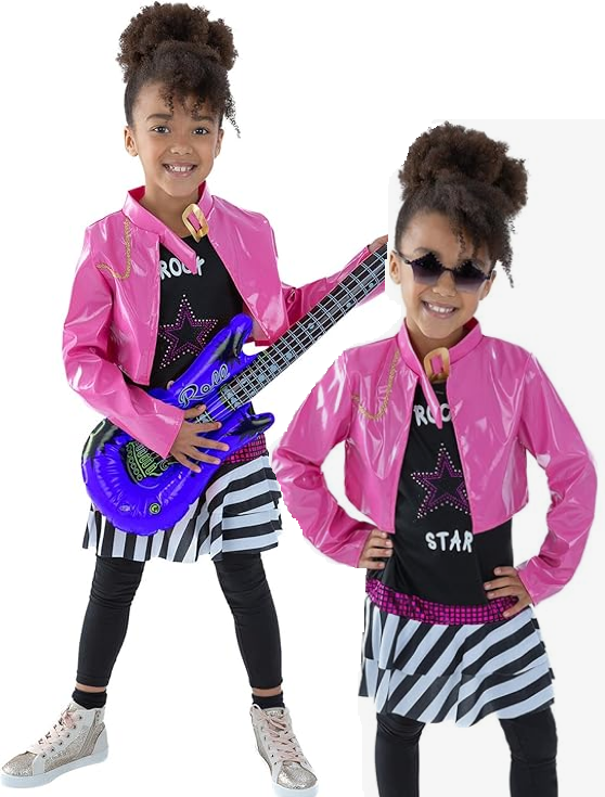 80s Girls Fancy Dress Costume Rock Diva Chick Kids Rockstar Outfit
