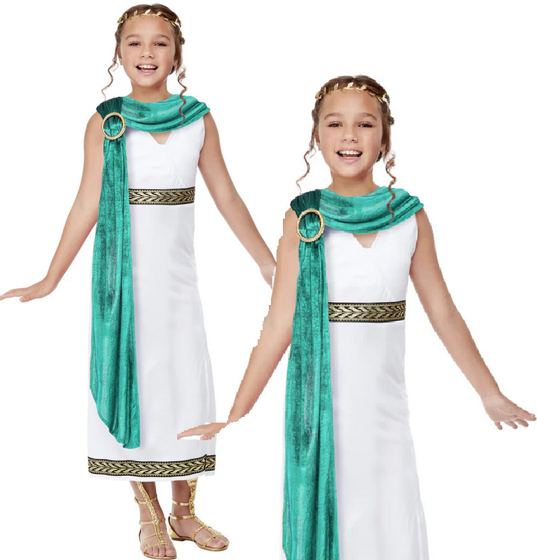 Girls Roman Toga Costume Greek Goddess Fancy Dress Book Day Week Outfit Kids