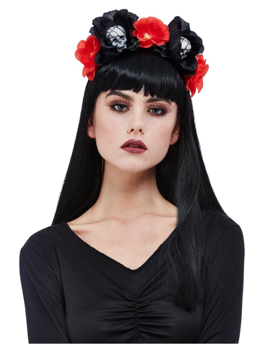 Skull Roses Headband Ladies Halloween Day Of The Dead Roses Fancy Dress