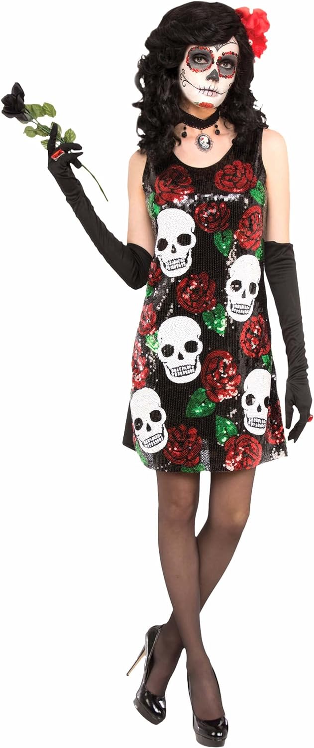Skull & Roses Dress Ladies Skeleton Halloween Fancy Dress Costume UK 8-12