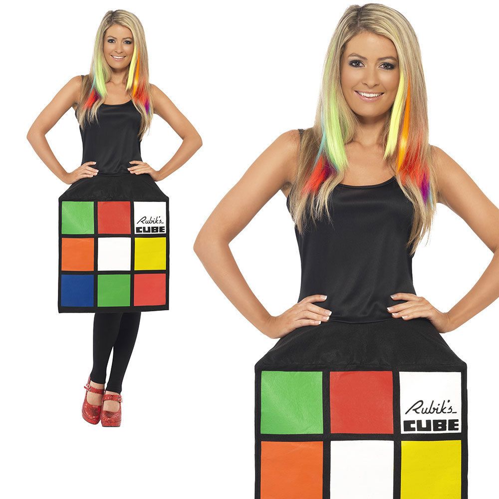 Ladies 3D Rubiks Cube Fancy Dress Costume 80s 1980s Retro Puzzle Oufit UK 8-18