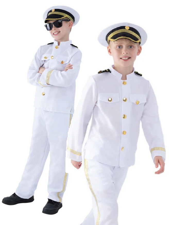 White Captain Navy Officer Costume Childrens Fancy Dress Outfit Age 7-12 Years