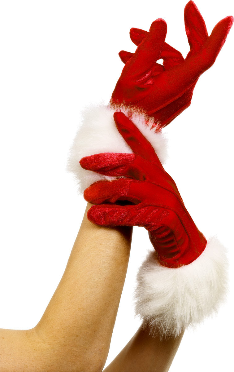 Santa Gloves Ladies Deluxe Soft Christmas Fancy Dress Red & White Gloves