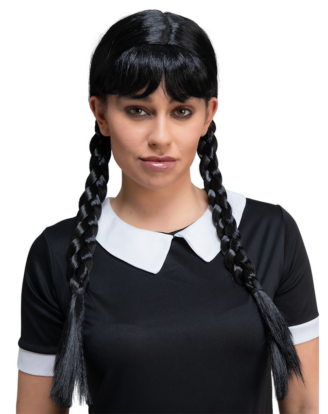Scary School Girl Wig Adults Halloween Black Pleated Wig Fancy Dress Accessory