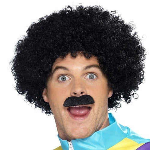 80's Scouser Black Afro Wig + Moustache Set Mens Tach Kit 118 Fancy Dress