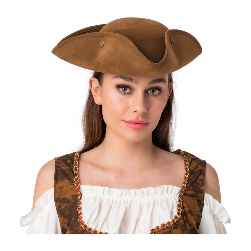 Pirate Tricon Hat Adults Fancy Dress Accessory Carribean Pirate Suede Brown New
