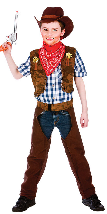 Boys Cowboy Brown Wild West Costume Kids Fancy Dress Outfit With Hat 3-10 Yrs