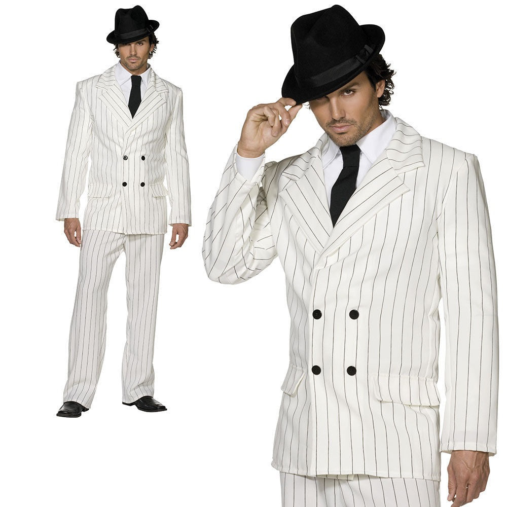 Adult White Gangster Costume 20s Sexy Mafia Boss Mens Fancy Dress Outfit New