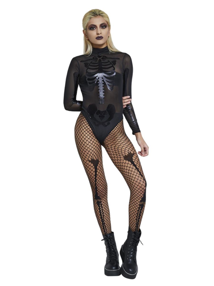 Fever Sheer Skeleton Costume Halloween Leotard Ladies Sexy Fancy Dress Outfit