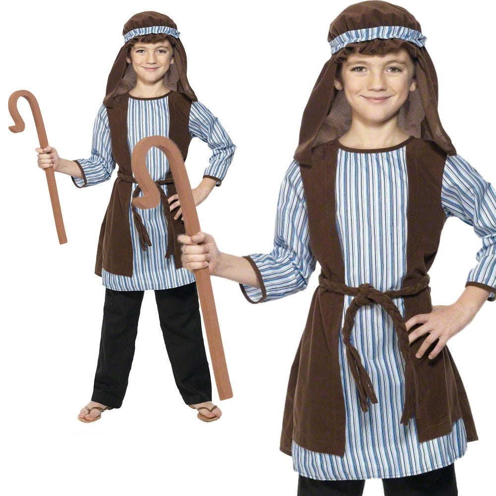 Shepherd Robe Costume Boys Christmas Nativity Fancy Dress + Staff