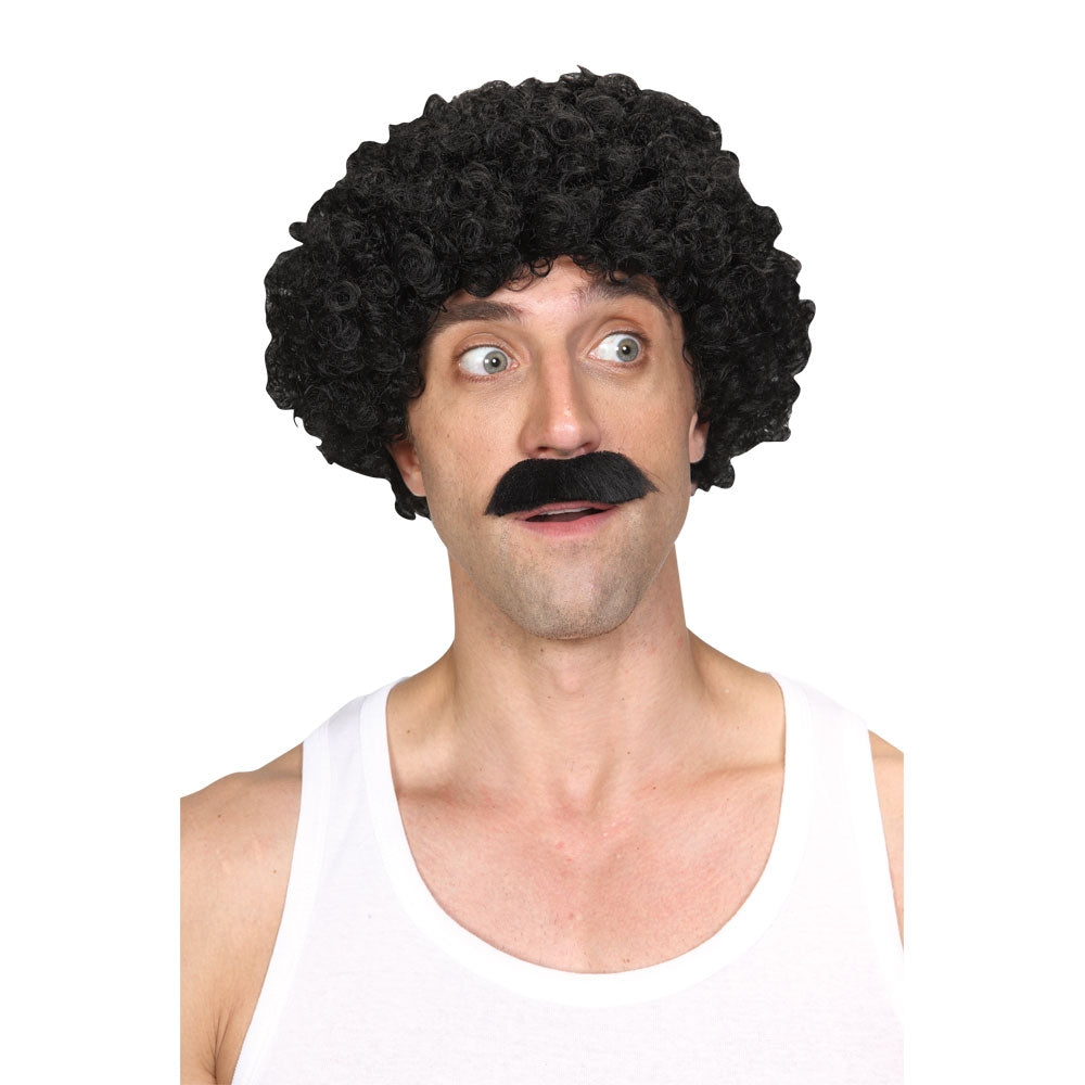 Shifty Guy Mens Black Afro Wig & Moustache Fancy Dress Set