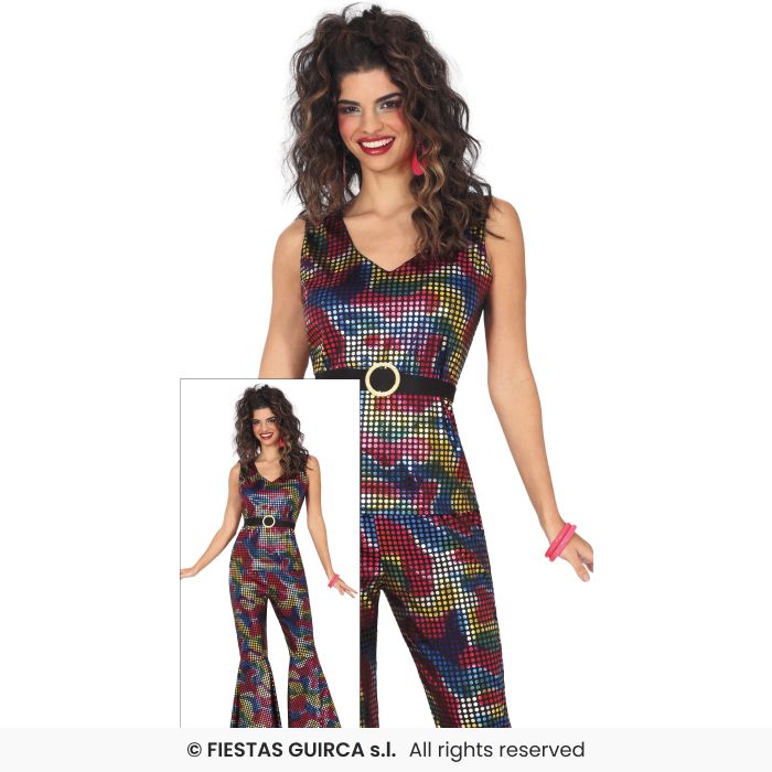 Disco Jumpsuit Multi Metallic Catsuit Adults 70s Retro Fancy Dress Costume UK 8-18
