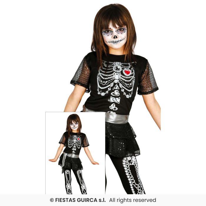 Shiny Skeleton Costume Girls Halloween Fancy Dress Outfit + Tights Age 3-12