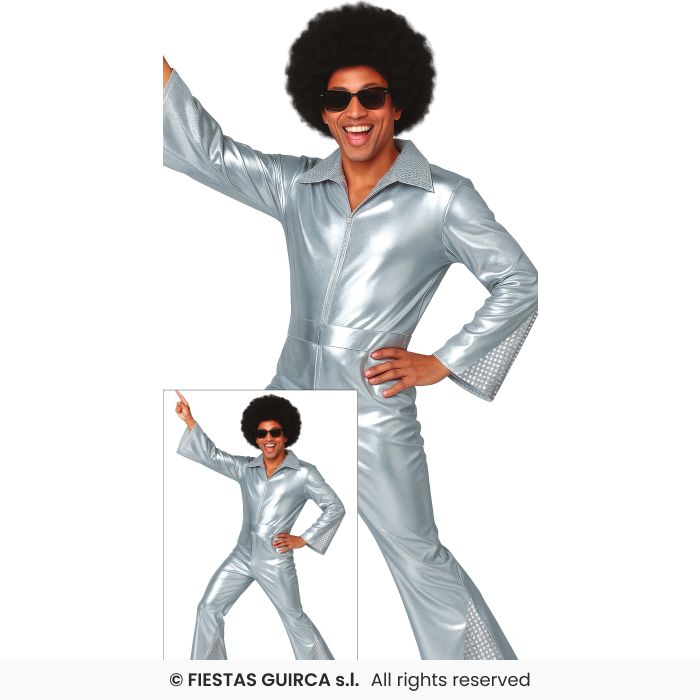 Silver Disco Jumpsuit Mens Metallic 70s Fancy Dress Retro Costume Adults M-XL