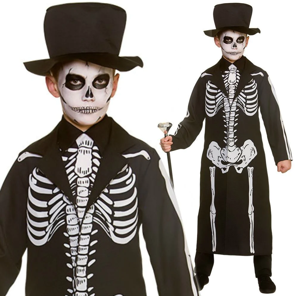 Boys Skeleton Suit Bond Day Of The Dead Groom Costume Halloween Fancy Dress Kids