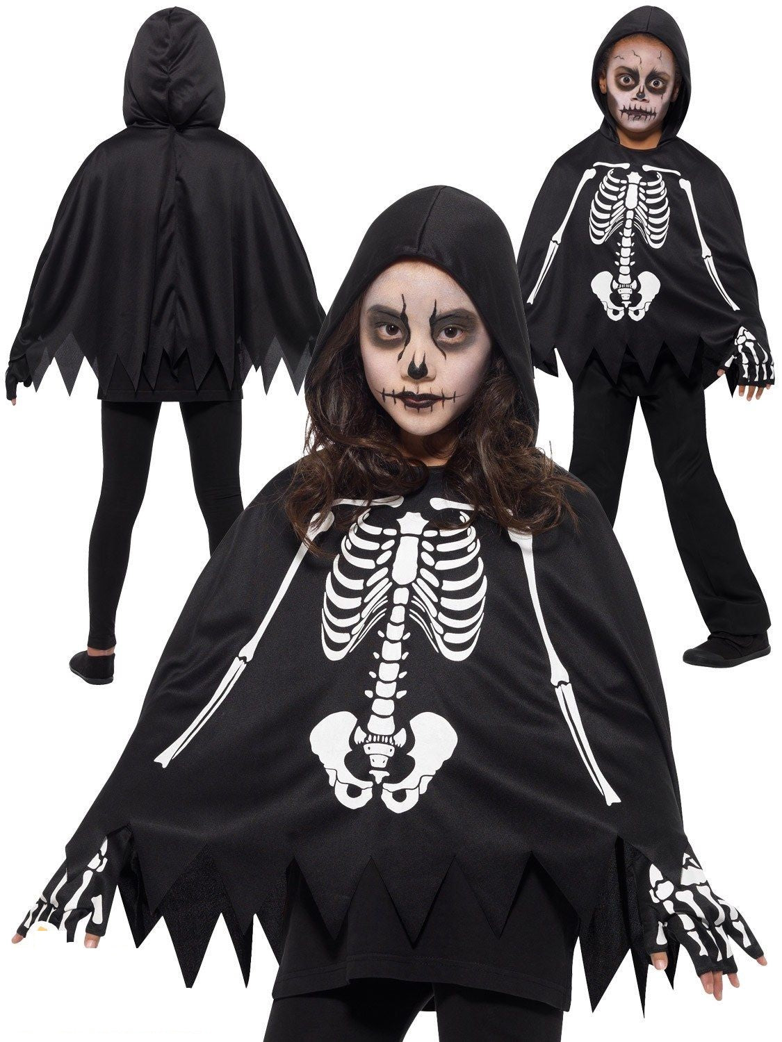 Kids Skeleton Poncho Halloween Trick Or Treating Fancy Dress Costume Boys Girls