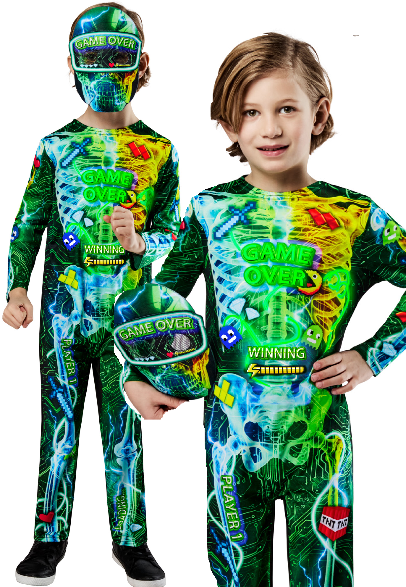 Gamer Skeleton Costume Kids Halloween Fancy Dress Outfit Neon Video Ga –  Kingdom Fancy Dress