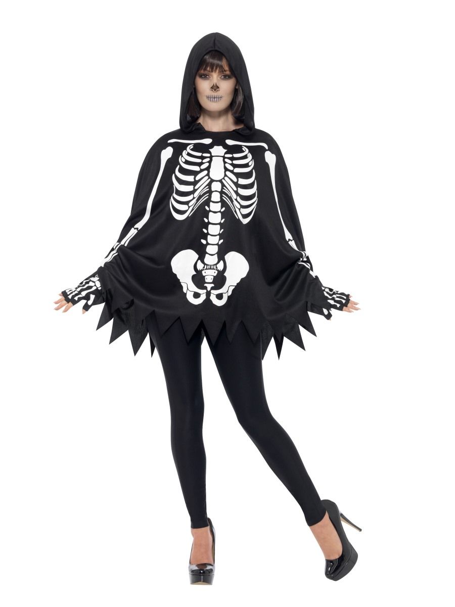 Skeleton Poncho & Gloves Set Adults Horror Halloween Fancy Dress Accessories